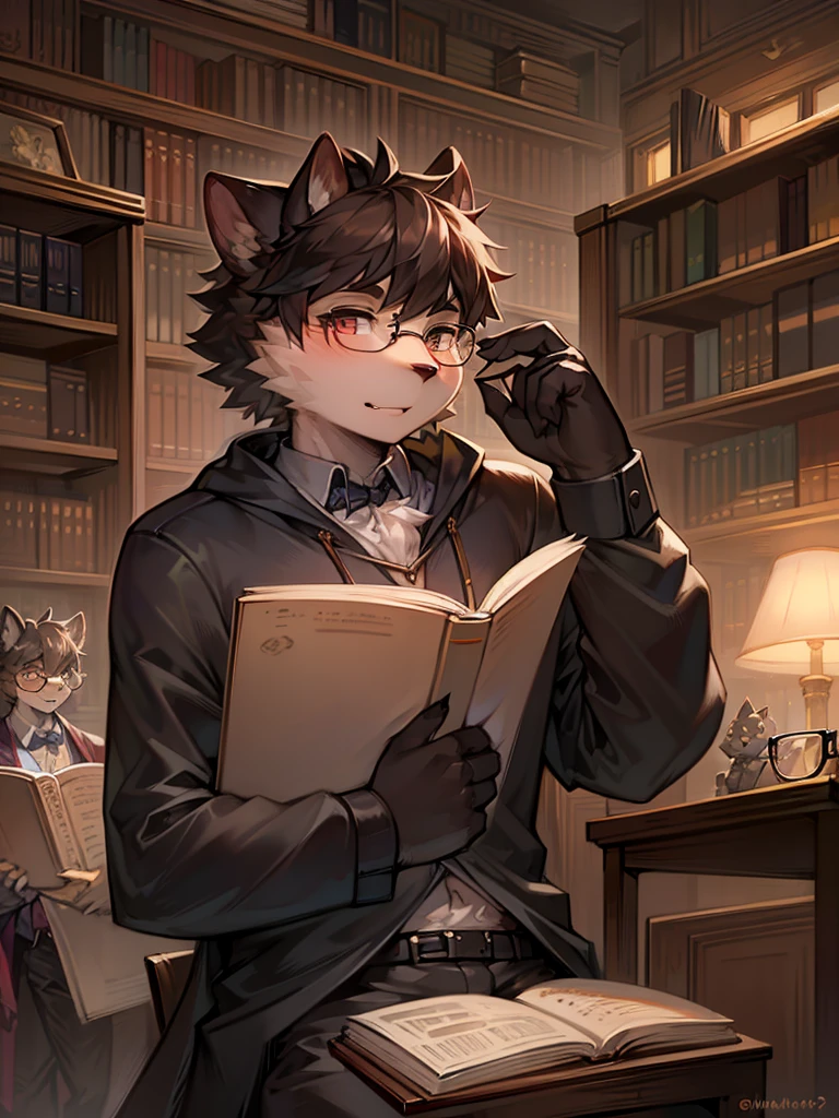 Anthropomorphic binturong, glasses on with string, studying in the library