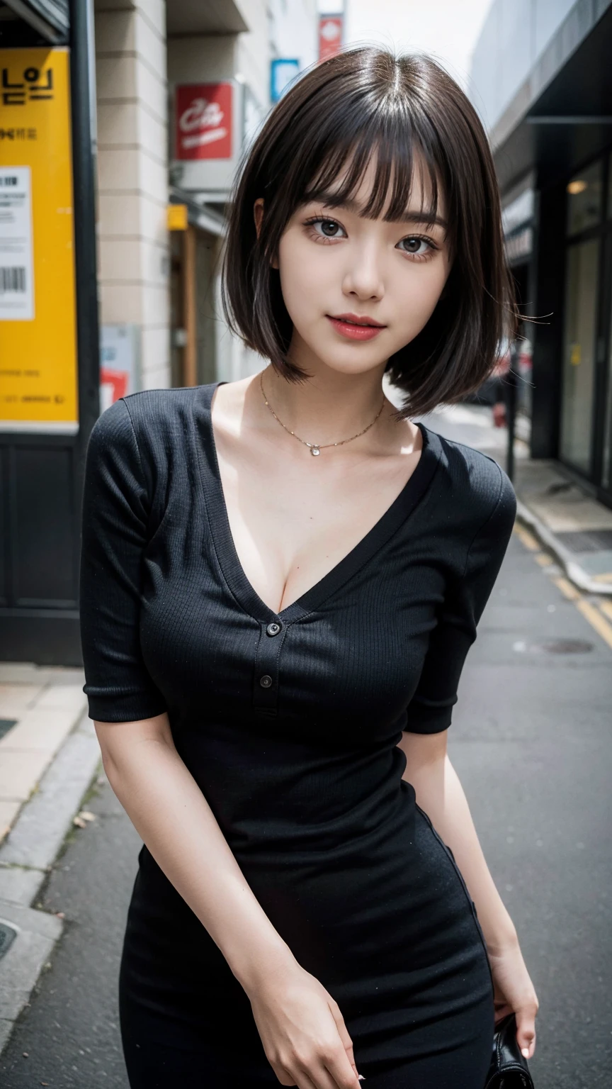 (Highest quality, masterpiece:1.3), (Actual, photo Actual:1.3), Ultra-high resolution, Ultra-high resolution, Highly detailed CG synthesis 8k wallpaper, (Actual skin, Delicate skin), (Perfect Anatomy), (Official Art, Beautiful and beautiful), (Generous smile:1.3), (Fascinating face:1.3), (Korean women:1.3), alone, Depth of written boundary, street,(Big Breasts:1.1),(Medium Full Shot:1.5),(Stylish random outfits),(Curvy Hips:1.1), (collar), (Looking naturally into the camera:1.3), (Blunt bangs:1.5)