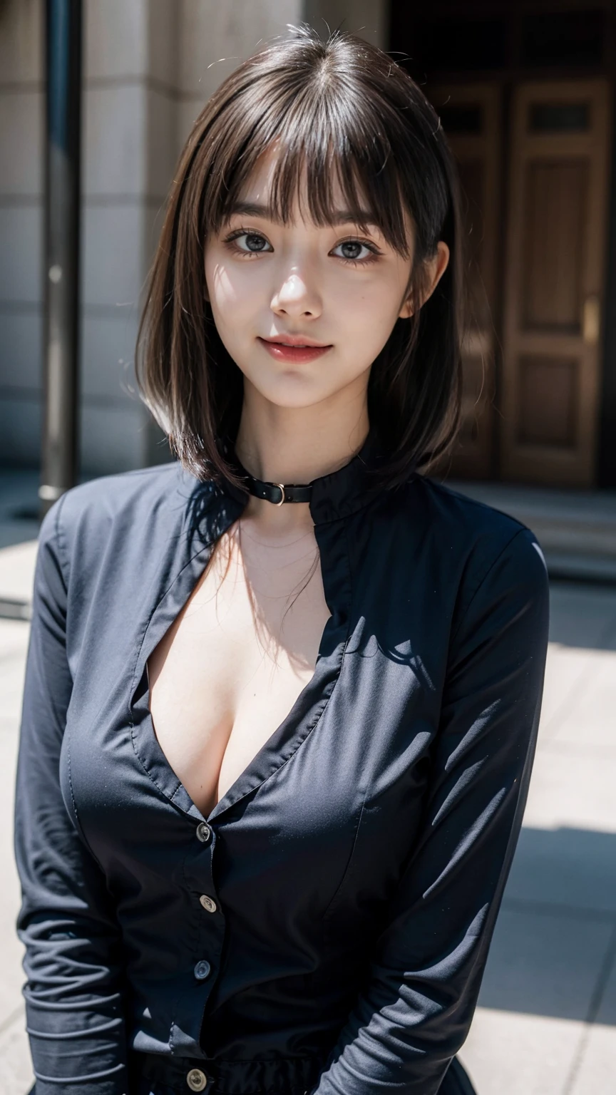 (Highest quality, masterpiece:1.3), (Actual, photo Actual:1.3), Ultra-high resolution, Ultra-high resolution, Highly detailed CG synthesis 8k wallpaper, (Actual skin, Delicate skin), (Perfect Anatomy), (Official Art, Beautiful and beautiful), (Generous smile:1.3), (Fascinating face:1.3), (Korean women:1.3), alone, Depth of written boundary, street,(Big Breasts:1.1),(Medium Full Shot:1.5),(Stylish random outfits),(Curvy Hips:1.1), (collar), (Looking naturally into the camera:1.3), (Blunt bangs:1.5)