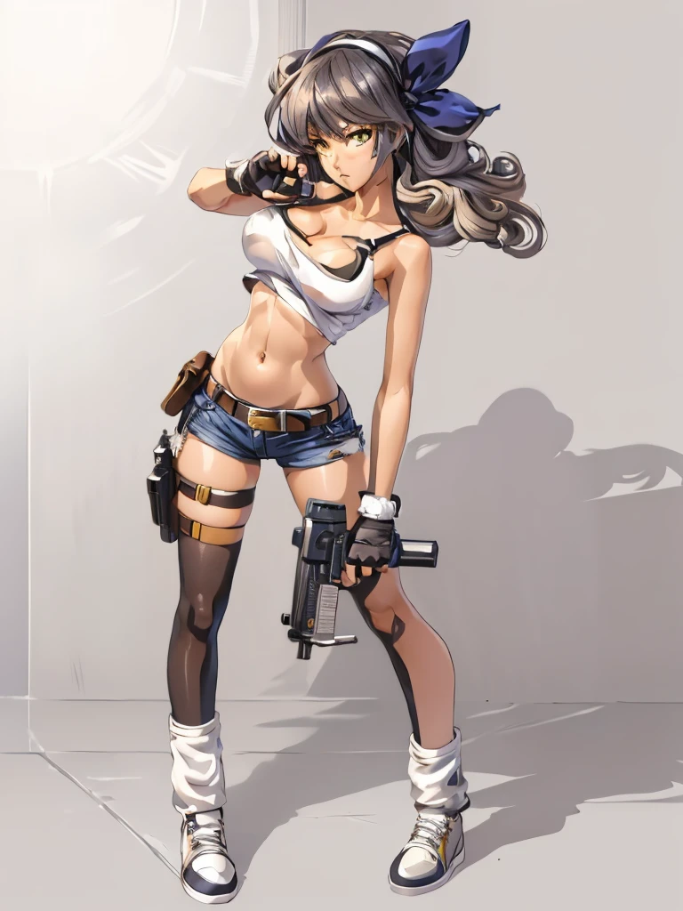 1girl, solo, weapon, shorts, gloves, gun, breasts, long hair, midriff, crop top, fingerless gloves, navel, shoes, full body, curly hair, cleavage, short shorts, hairband, submachine gun, yellow shorts, socks, holding weapon, holding, holster, simple background, tank top, sneakers, standing, belt, handgun, holding gun, white background, thigh holster, hair ribbon, collarbone, large breasts, bow, loose socks, medium breasts, looking at viewer