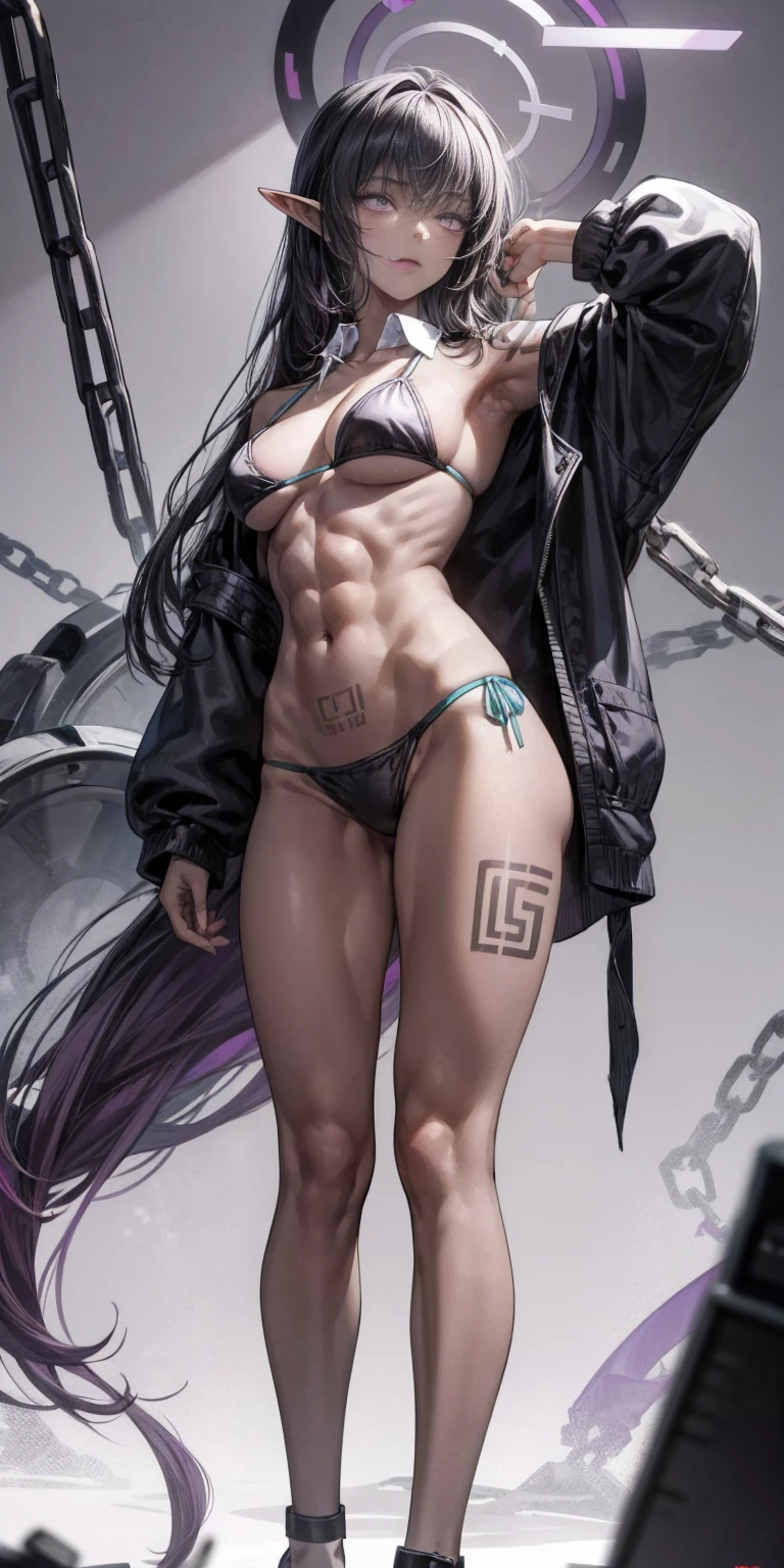 ((1 girl)) whole body, standing, gray skin, drow, elf, maduro, purple eyes, by white, black bikini, ABS, tattered rags, chain collar, stomach tattoo (red tattoo)
