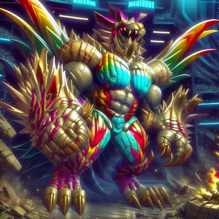 (masterpiece. official art. 8k. best quality. detailed full body. full body.)

(situation 1 : dominating The Phoenix Wolf. The Phoenix Wolf is over 1000 meters long. focus GIANT mechanical Muscular The Phoenix Wolf is trampling the car. Looking down.)

(situation 2 :smoke and flames rising from the destruction in the city)

(Additional details 1: Wearing GOLDEN Armor. Cape. Helmet. real texture material. whole body shines like metal. emphasizes the muscles. suit fully made of metal.Robotic suit).

(Additional details 1.5: The arms are golden. The lower half of the body is golden. The wolf-shaped helmet has sharp fangs. The whole body is golden.).

(Additional details 2: Detailed head. Detailed Body. Detailed abs. gigantic muscles. HYPER MUSCLES. Gigachad Muscular. big muscle. pecs. triceps. traps. unusually developed muscular body. body full of huge muscles. showing off muscles. pectorales enormes. Exaggeratedly huge muscles. huge muscles. long legs.).

(Additional details 3: nj5furry, Spread wings. It has wings. The claws are sharp. Sharp teeth.). He is laughing defiantly. The claws are sharp. Sharp teeth.). He is laughing defiantly. 
