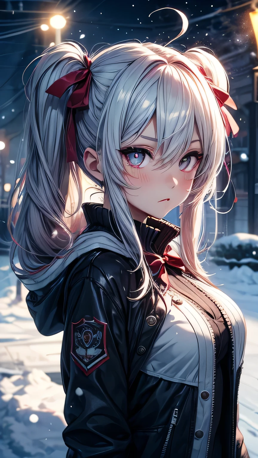 Starry Eyes, Looks even more beautiful than immortal, Ahoge, hair, Star-shaped pupils, Amber Eyes, Colored contact lenses, blush, High detail, anime, Romanticism, Modern, Gothic art, anime style, Cinema Lighting, Ray Tracing, motion Light, Sony FE GM, Ultra-high resolution, High detail, Highest quality, 8K, Big Breasts, Twin tails, Long jacket, ribbon, mystery, knitted, snow, anger, impatience