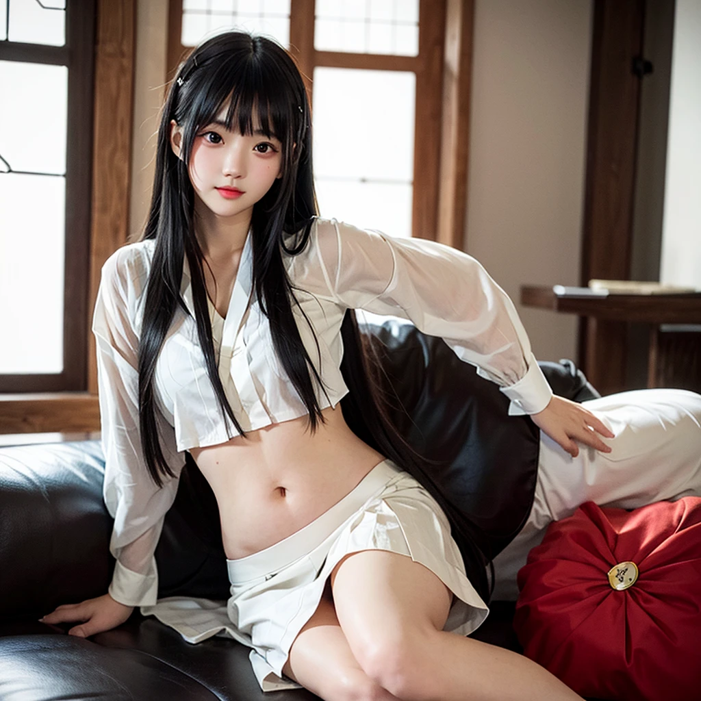 Young Japanese woman with long black hair, white shirt and black skirt sitting on the sofa.,bare belly,snow-white skin,slightly bloated belly ,silhouette of a baby in the belly