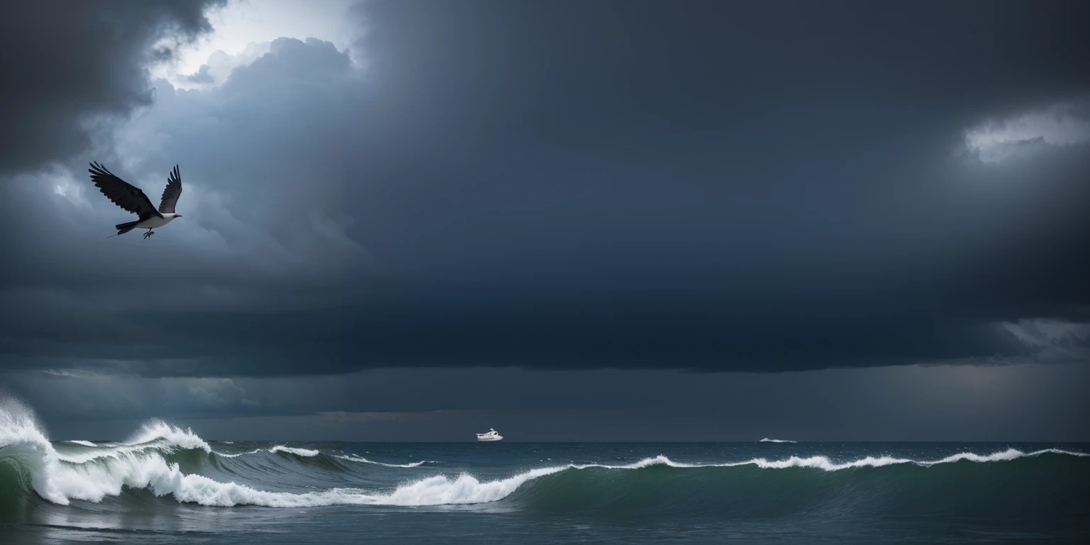there is a bird flying over the ocean with a stormy sky, it's flying between a storm, against a stormy sky, ravens stormy sky of foreboding, by Marcin Zaleski, flying over the ocean, storm arriving, soaring, by Mathias Kollros, by Ivan Grohar, by Ibrahim Kodra, by Dietmar Damerau