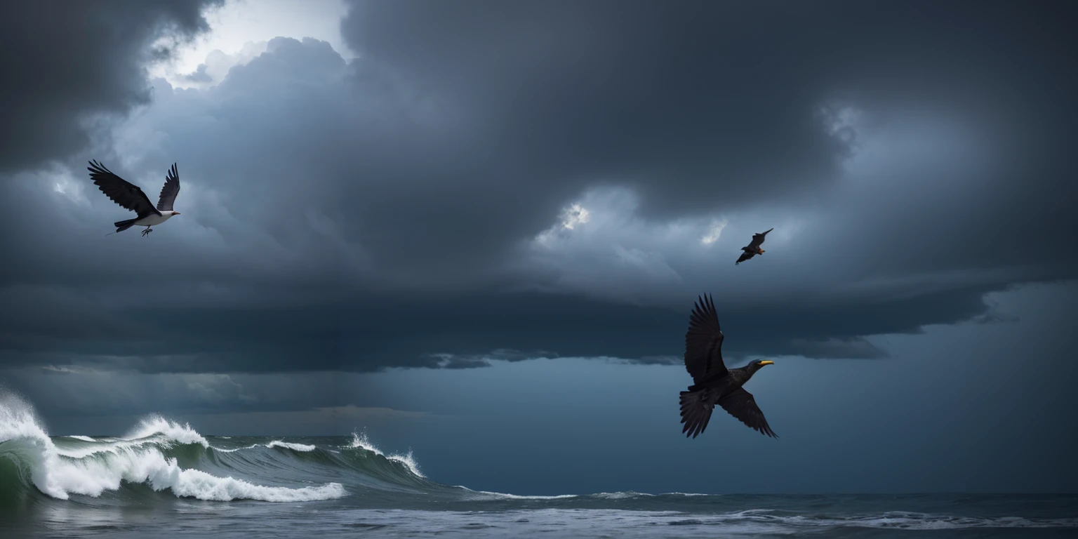 there is a bird flying over the ocean with a stormy sky, it's flying between a storm, against a stormy sky, ravens stormy sky of foreboding, by Marcin Zaleski, flying over the ocean, storm arriving, soaring, by Mathias Kollros, by Ivan Grohar, by Ibrahim Kodra, by Dietmar Damerau