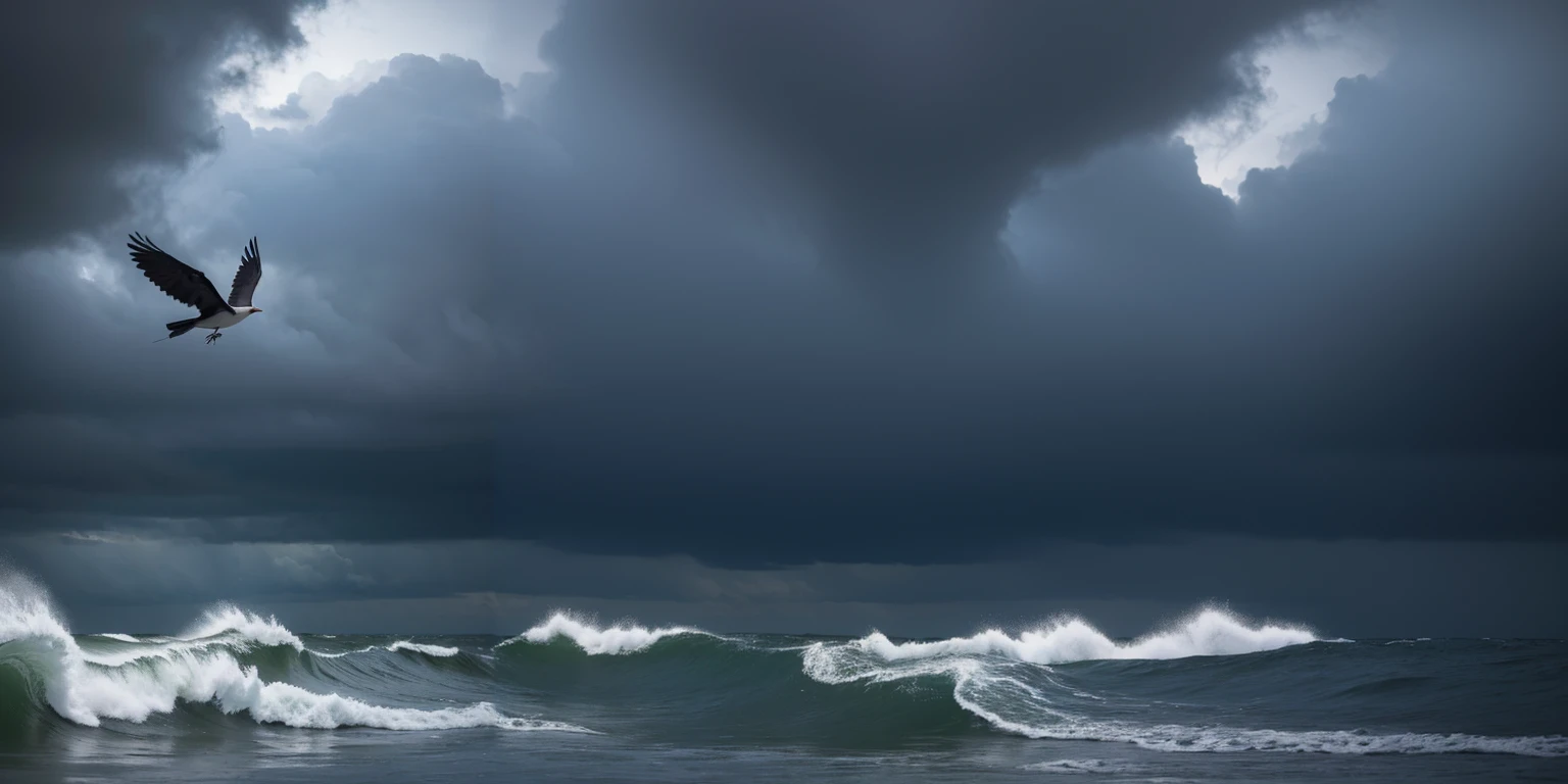 there is a bird flying over the ocean with a stormy sky, it's flying between a storm, against a stormy sky, ravens stormy sky of foreboding, by Marcin Zaleski, flying over the ocean, storm arriving, soaring, by Mathias Kollros, by Ivan Grohar, by Ibrahim Kodra, by Dietmar Damerau