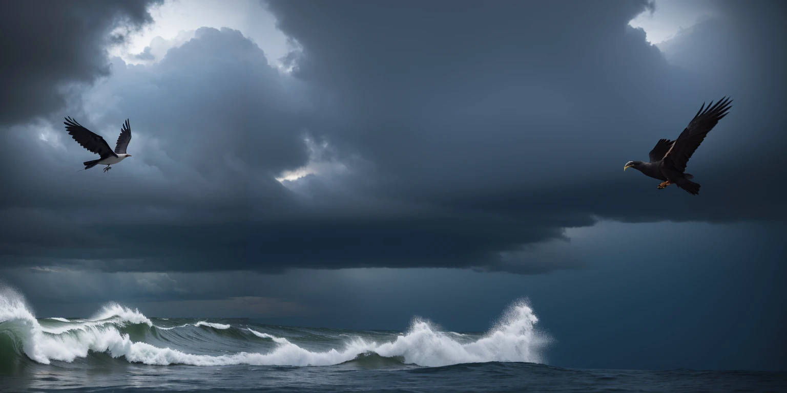 there is a bird flying over the ocean with a stormy sky, it's flying between a storm, against a stormy sky, ravens stormy sky of foreboding, by Marcin Zaleski, flying over the ocean, storm arriving, soaring, by Mathias Kollros, by Ivan Grohar, by Ibrahim Kodra, by Dietmar Damerau