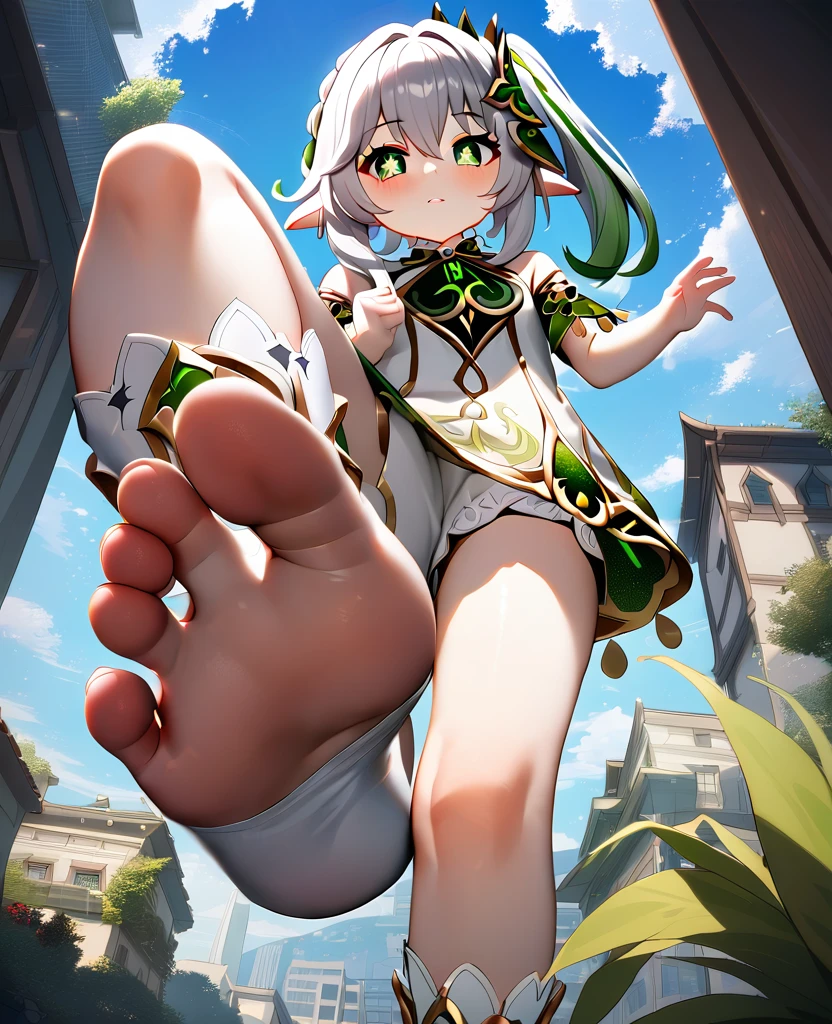 1girl, 1girl, nahida \(genshin impact\), genshin impact, stirrup socks, stepping,(pov from below:1.3), stepped on, pov, low angle, no shoes, feet, looking down, toes, one foot out of frame, leg lift, foot focus, barefoot, standing on one leg,  depth of field, outdoors,( foreshortening:1.2), facial blur, blurry face, building, city, sky, cloud, giantess, mega size, masterpiece, best quality, absurdres, ultra detailed