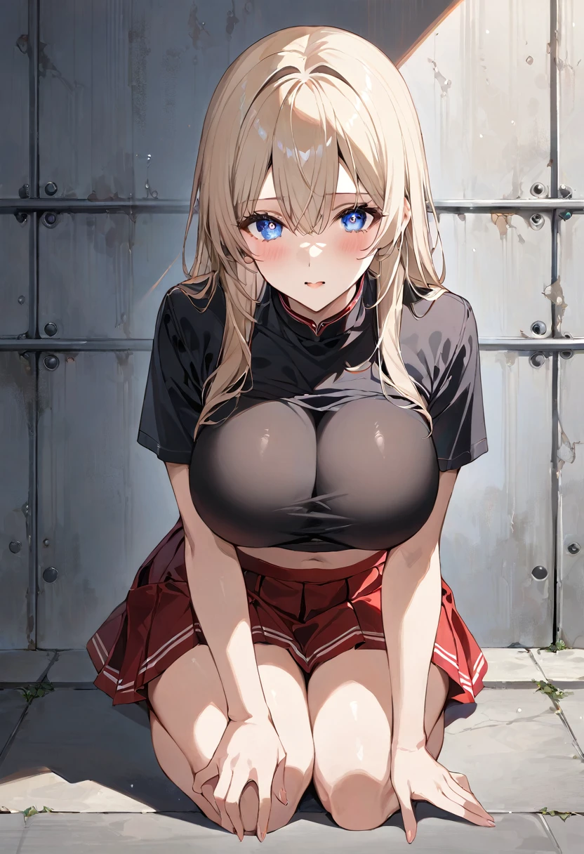 masterpiece, best quality, ultra detailed, sparkling eyes, ((())), , The attached image is an illustration of a cute girl with a anime style. She has light blonde hair, blue eyes, and is dressed in a black crop top paired with a red pleated skirt. She appears to be in a crouched position on the ground, with her hands and knees supporting her. The background features a concrete or metal wall, suggesting an urban or industrial setting. The lighting and shadows are well-defined, giving a sense of depth and realism to the illustration. The girl's expression is neutral, with a hint of determination or focus in her eyes. 