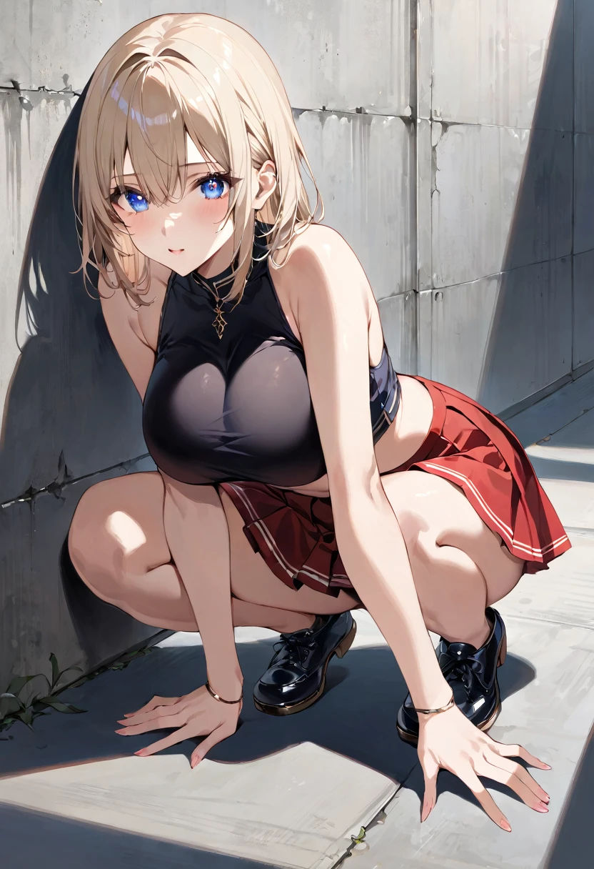 masterpiece, best quality, ultra detailed, sparkling eyes, (((large ))), nsfw, The attached image is an illustration of a cute girl with a anime style. She has light blonde hair, blue eyes, and is dressed in a black crop top paired with a red pleated skirt. She appears to be in a crouched position on the ground, with her hands and knees supporting her. The background features a concrete or metal wall, suggesting an urban or industrial setting. The lighting and shadows are well-defined, giving a sense of depth and realism to the illustration. The girl's expression is neutral, with a hint of determination or focus in her eyes.