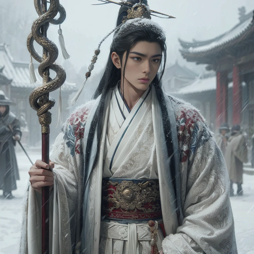 (Masterpiece:1.2), (Best Quality:1.2), (high resolution:1.2), (beautiful face and eye:1.2), (sharpest focus:1.2), (Ultra-realistic Photo:1.2), (Ultra-precise Photo:1.2), (Depth of field:1.2), (perfect anatomy:1.2), (nice hands:1.2),
(perfect hands:1.2), (five fingers:1.2), (Young, fearless, beautiful, shady Chinese man:1.0), (Lonely Chinese warrior with spear:1.0), (Neatly trimmed short beard and tied hair:1.0), (Blazing Chinese period drama style fortress:1.0),
(long spear with serpentine blade and ornate decoration:1.0), (white tsubakuhiro cap and cloak:1.0), (white armor with red, blue, and yellow coloring:1.0), (snowstorm:1.0), (melancholy expression:1.0), (picturesque standing figure:1.0),