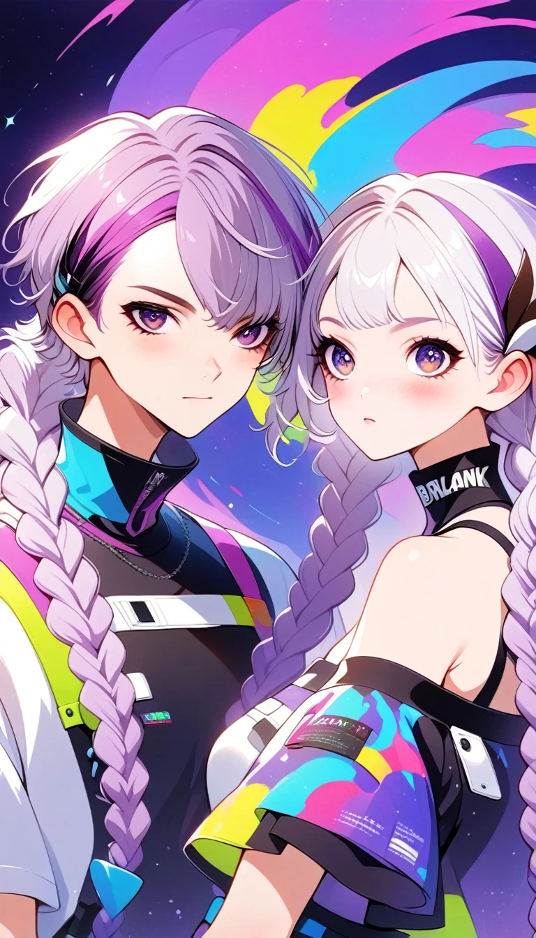 graphic design,Vector Art,Smooth lines,Simple style,Funny couple poster design:Break,Boys short hair white,Girl white hair purple Hair accessories long braids,Hair accessories,High collar off-shoulder short sleeves,Galaxy theme,(fashion design),(Vibrant colors)(Vibrant colors),(((Leave the top blank,text &References;rich and colorful")))