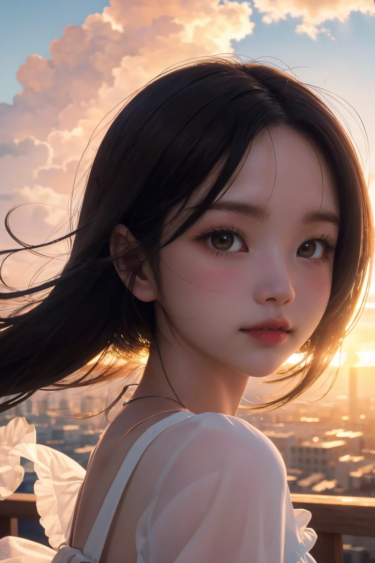 masterpiece, best quality, movie still, 1girl, cloud girl, floating in the sky, close-up, bright, happy, warm soft lighting, sunset, (sparks:0.7)