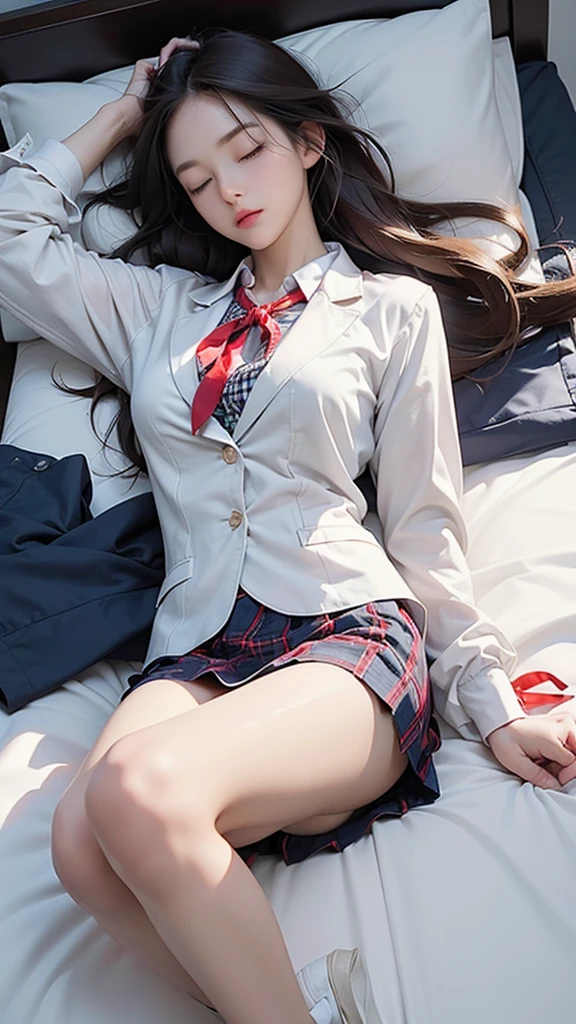 8K、RAW Photos、Highest quality、Super detailed、Super Resolution、Ultra HD、8K壁紙、Amazing details blazer uniform girl ((White blouse with formal collar, Blue Blazer,
Red Check Skirt, Red checkered ribbon on blouse)), Complete limbs, Full Finger,
(((A woman is sleeping with her eyes closed)))Brown Hair、(White skin)
(((((Full body photo)))))
((((Panties and bra are visible))))