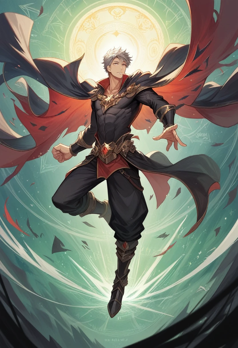 picture, personifying the essence of magic in your world., showing the gray-haired man, red-eyed protagonist with a mystical black mark on his neck, immersed in a cascade of magical energy, with glowing particles, dancing around him, and mysterious symbols, forming in the air, masterpiece, Best quality, ultra detailed, illustration, Concept art in 8K resolution, Fantasy art, epic art, concept art wallpaper 4K, deep color, daylight