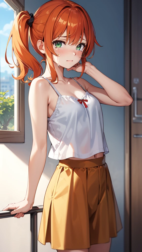 gonzarez, masterpiece, , 1girl, solo, smile, green eyes, orange hair , side ponytail, skirt, camisole, looking at viewers 