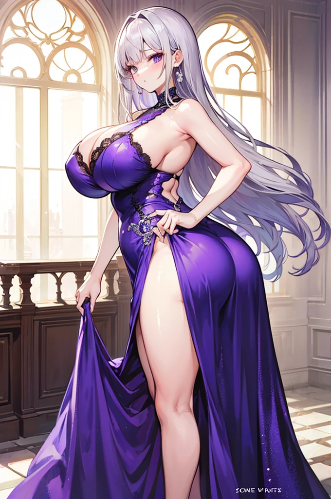 A woman with big ,Beauty,Silver long hair,Purple dress,Lace,weak,Sexy,(prom),(nsfw:0.8),