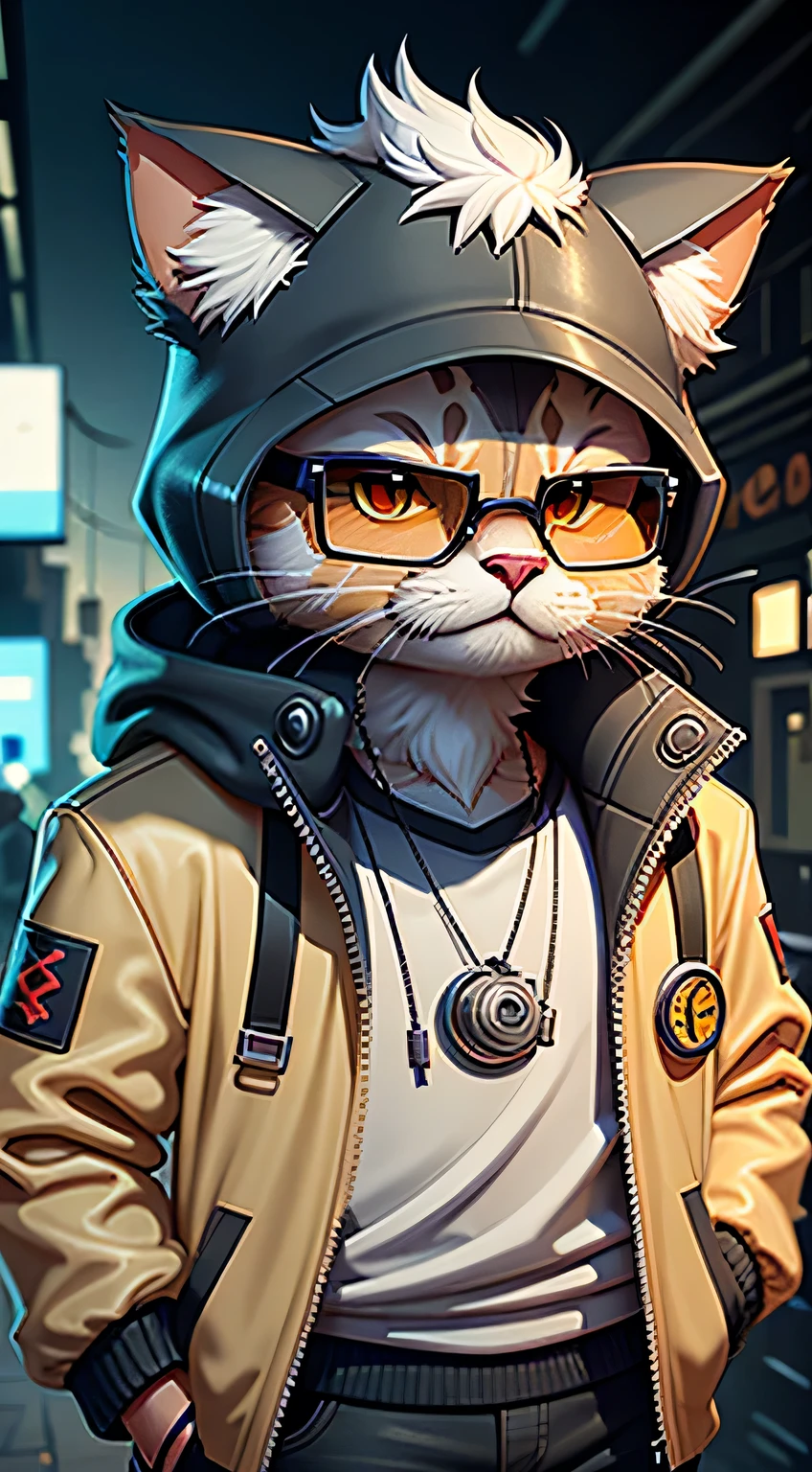 c4tt4stic,A cartoon cat wearing a jacket and sunglasses,,Handsome pose,cyberpunk city street background