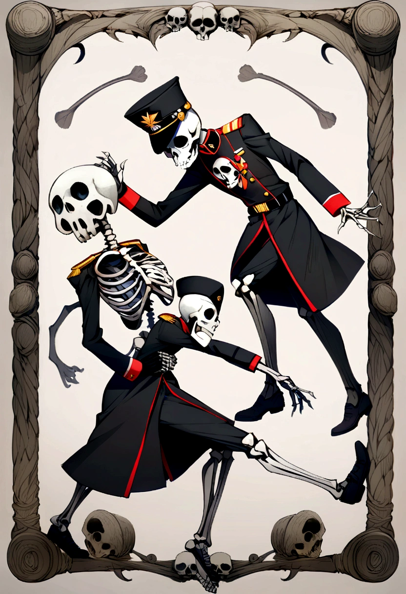 Skeleton character of medium height, military hat with a skull, black military clothing, Good friend, full body dynamic pose