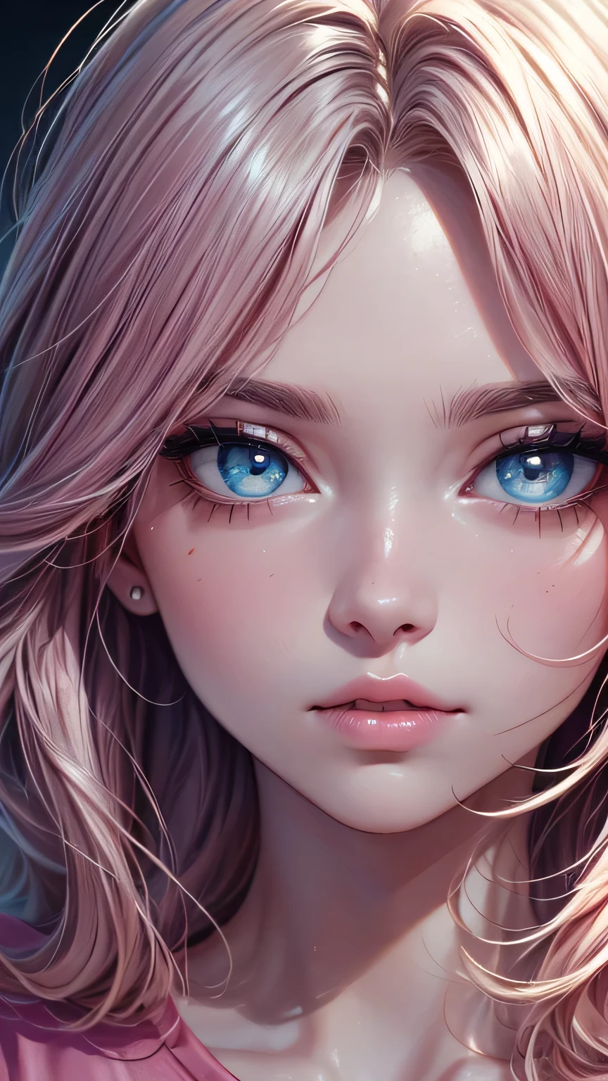 (masterpiece),(Highest quality:1.1),(Super detailed),Best illustrations,In detail,(Portraiture:1.1),(Intense close-up),(Watercolor),floating,One girl,solo,slim,(Very delicate and beautiful face),(Beautiful eyes in every detail),Pink thick lips,(Disheveled Hair),(Wearing a loose pink T-shirt),Soft and lazy,4K