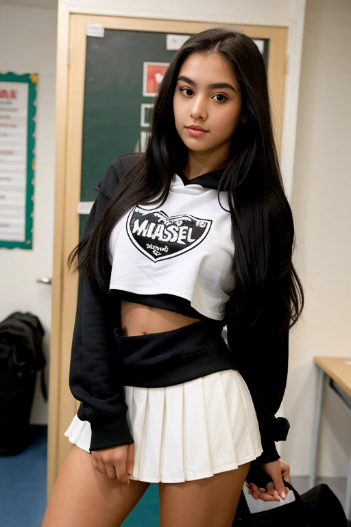 ((Best Quality)), ((Masterpiece)), (detailed), 1 girl, long hair, black hair, eyebrow ring, soft eyeliner, serious expression, short  style skirt, tight black hoodie, sexy position, big breasts, big thighs, thighs shiny by sunlight, full body back focus, background of a school dressing room, cum on face 