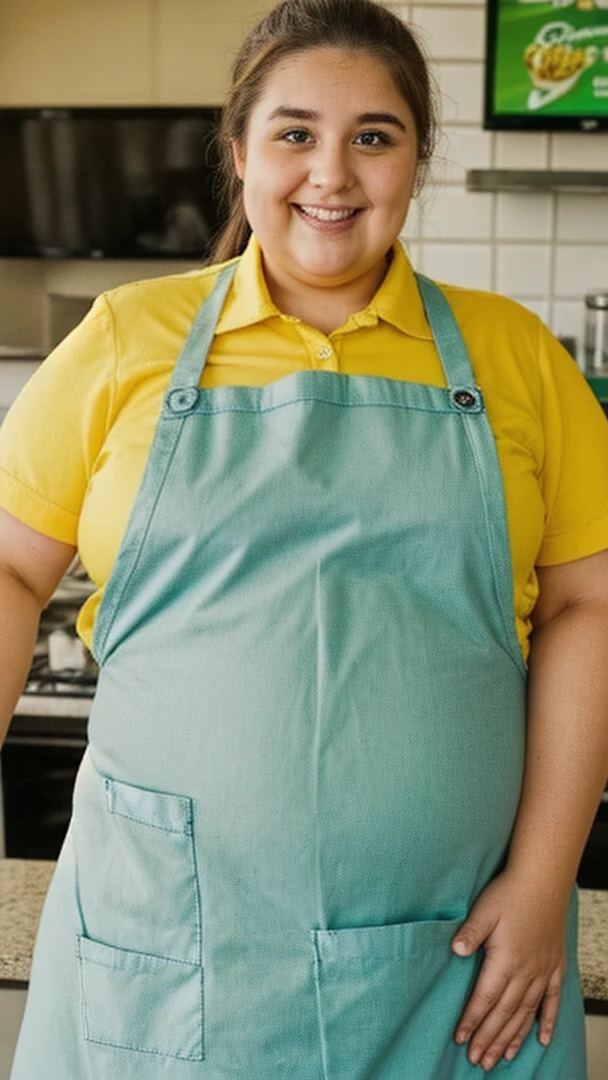 1woman, (fast food employee), overweight, ponytail, smiling, happy, chubby cheeks, ((very obese)), big belly, (wearing green apron and yellow collared shirt), close up, bust, big wide happy smile, green eyes