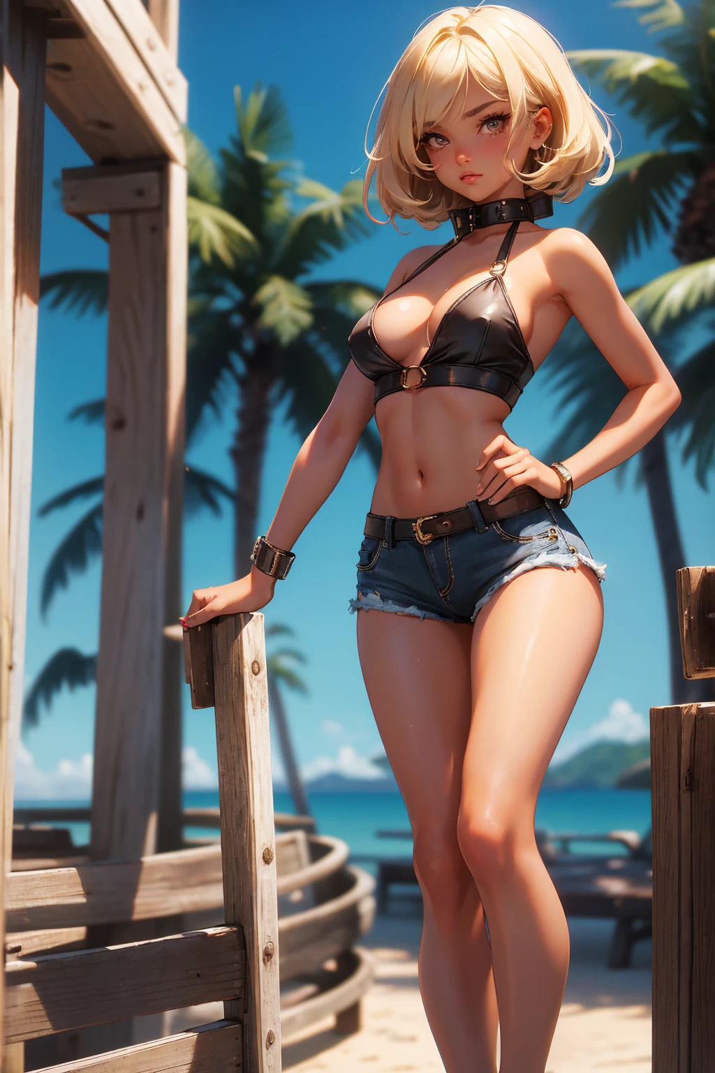 age girl-model 18 years old, hot slave naughty girl, beautiful, too much tanned, blonde, bob hair, bangs, brown eyes, beautiful figure, girl wearing crop shirt and too much short mini shorts, beautiful too much long legs, slave bracelets, slave choker, manicure, cute makeup, sweaty armpits, flirtatiously posing, hot summer, hot flirty, sexy posing, summer outfit, top quality, higest quality, pin-up style, retro 80s style, Daisy Dukes style,
