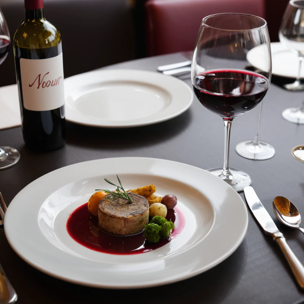 table d'un restaurant avec de la nourriture dans une assiette et un verre de vin