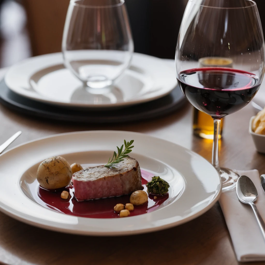 table d'un restaurant avec de la nourriture dans une assiette et un verre de vin