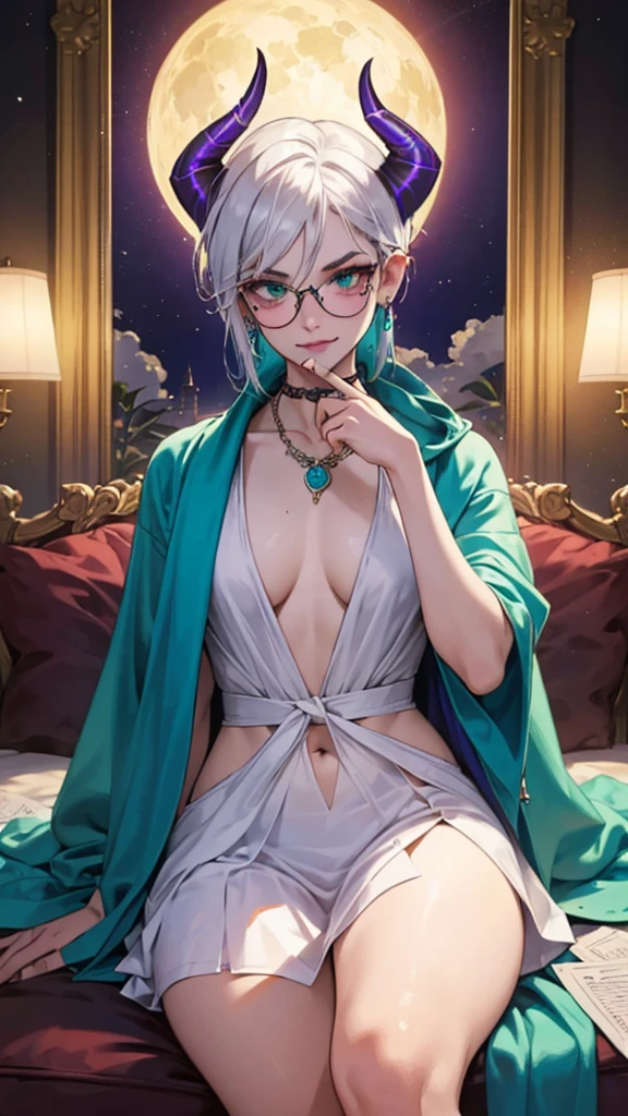 8k, masterpiece, best quality, highly detailed, 1 girl, tiefling, warlock, multicolored hair, very short straight hair green highlight hair on white hair, strippled hair, wearing glasses, round glasses, earrings, red eyeshadow, long eyelashes,navel piercing, blushed cheek, necklace, collarbone, mole, glamorous, purple and teal clothing, villainy, smirk, seductive face, halfbody view, rings, looking at viewer, demon horns, solo, antique dress, ballroom, palace, blue pale moon, sitting,