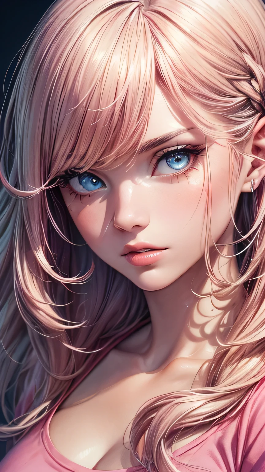 (masterpiece),(Highest quality:1.1),(Super detailed),Best illustrations,In detail,(Portraiture:1.1),(Intense close-up),(Watercolor),floating,One girl,solo,slim,(Very delicate and beautiful face),(Beautiful eyes in every detail),Pink thick lips,(Disheveled Hair),(Wearing a loose pink T-shirt),Soft and lazy,4K