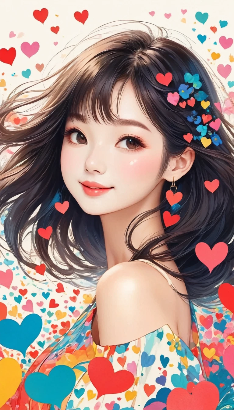 Mai Yoneyama style, Simple line initials，Abstract art, Colorful Hearts ,(((The most beautiful girl of all time))), (((Little))), (((Cute amoeba))), nap、The best smile