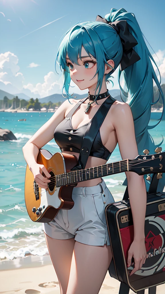 Turtle fairy playing electric guitar, beach, seagull, crab, summer sun, beauty bikini