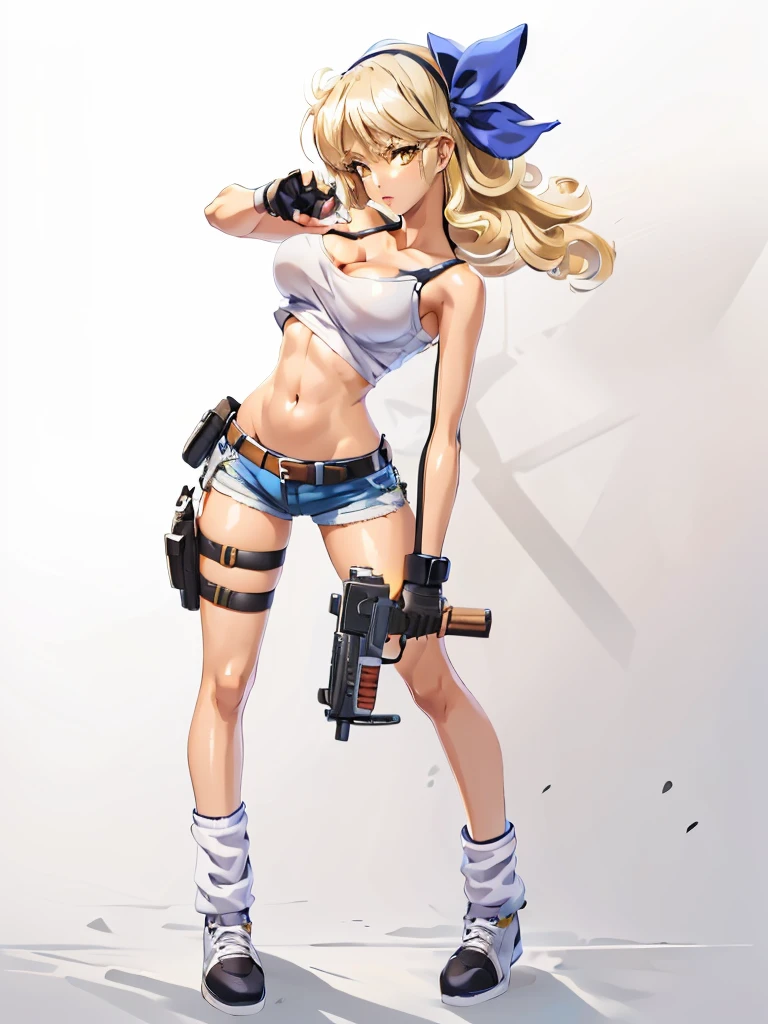 1girl, solo, weapon, shorts, gloves, gun, breasts, long hair, midriff, crop top, fingerless gloves, navel, shoes, full body, curly hair, cleavage, short shorts, hairband, submachine gun, yellow shorts, socks, holding weapon, holding, holster, simple background, tank top, sneakers, standing, belt, handgun, holding gun, white background, thigh holster, hair ribbon, collarbone, large breasts, bow, loose socks, medium breasts, looking at viewer