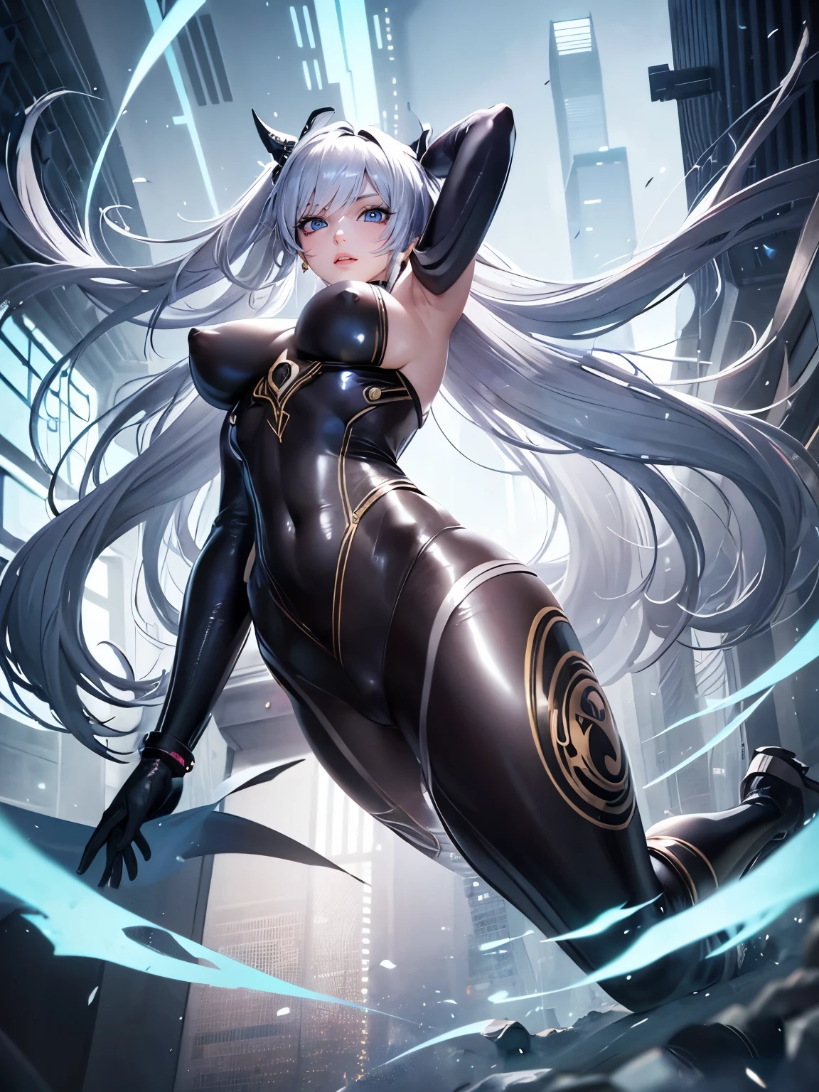 ((seductive anime girl:1.2))、erect nipples、((cyberpunk))、((Futuristic))、attack poses and immersive effects, Hover effect, Graphite style background in light colors, (beautiful and clear background:1.2), (extremely details CG, Best Shadow:1.1), Depth of field and blur, (White background:0.5), (Very thin and beautiful: 1.1), (perfect  detail: 1.1) Doodle style background, digitial illustration, Center, Dynamic, Highly detailed, Watercolor painting, Full body shot, character sheets, Lightning Wave, beautiful anime watercolors, graffiti paint, Fine detail, intricate detailes, Illustration of proportions,rubbersuit, Colossal , Inorganic background, Exposing the chest, Raise your arms to show your armpits, Contrast enhancement, Glossy realistic skin texture、shiny skin、masterpiece, ultra-detailliert, 8k, hiquality, Top image quality, Smooth texture、watercolor