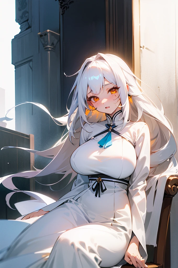 anime girl, , big breasts, white hair, white skin, Dressสีขาว, long hair, Beautiful and cute, gentle nature, Moles at the corner of the lower mouth, orange eyes, Real Lifestyle, Dress