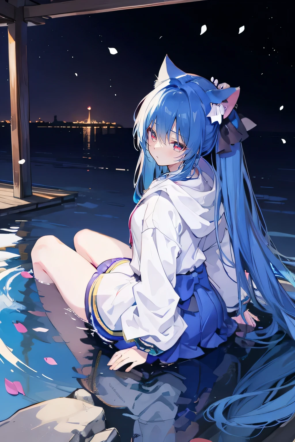 （masterpiece：1.2），Super detailed，lifelike，Expressive eyes，fair skin，perfect face shape，1 girl，
Japanese comics,Gorgeous blue hair,flowing blue hair,flowing clothes,Cat ears,Petals fall,beautiful lola,Baby Angel,
Shaking head with one hand，Cross your legs，Gentle and peaceful background，The pavilion is cool and comfortable,smile, wearing hoodie, background of tokyo,back views,snowing, winter,lie on the water，Lying on the ground。