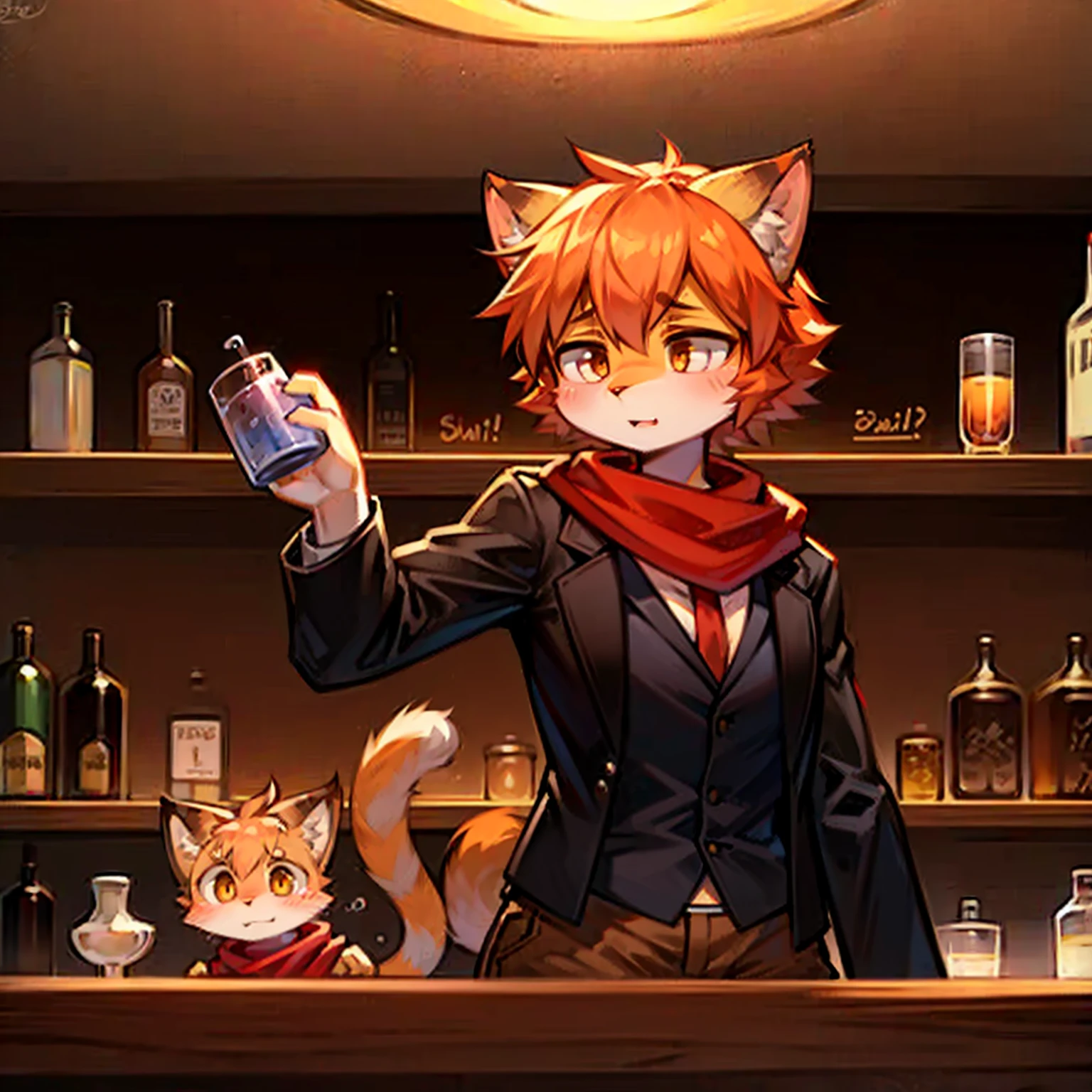 Orange cat with orange hair, red scarf, brown trousers and black jacket. Bartender shaking the jug behind the bar counter.