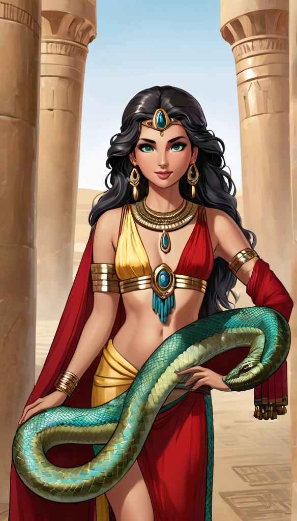Femme de 30 ans, égyptienne, corps généreux , a l'Égypte antique, avec une très forte poitrine, a la peau de serpent, dans un temple égyptien, porte une robe rouge et maron couleur sable, moule le corps, vêtements transparent, femme avec de long cheveux raide noirs orné de nombreux bijoux, la femme est très enceinte de serpent, sa poitrine est gonflé de lait, la femme a des crochets de serpent visible lorsqu'elle sourit, la femme a des yeux doré a pupilles reptilienne, la femme et une femme serpent