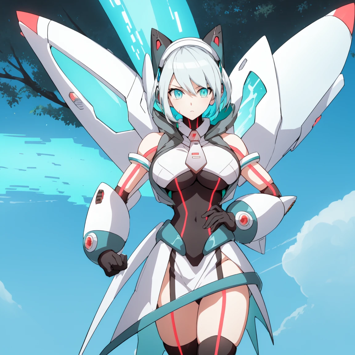 ico_megamanxdive, 1girl, blue eyes, solo, white hair, android, large breasts, black gloves, short hair, thighhighs, necktie, high quality, masterpiece, standing with green flames coming from a tree