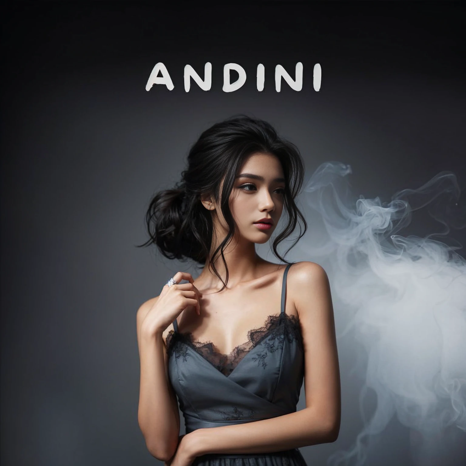 A photo of a beautiful 20-year-old girl, wearing a dress, with medium black hair, hair decoration, looking to the side, posing elegantly, bold gray background, smoke effect. 4k, UHD, realistic, masterpiece