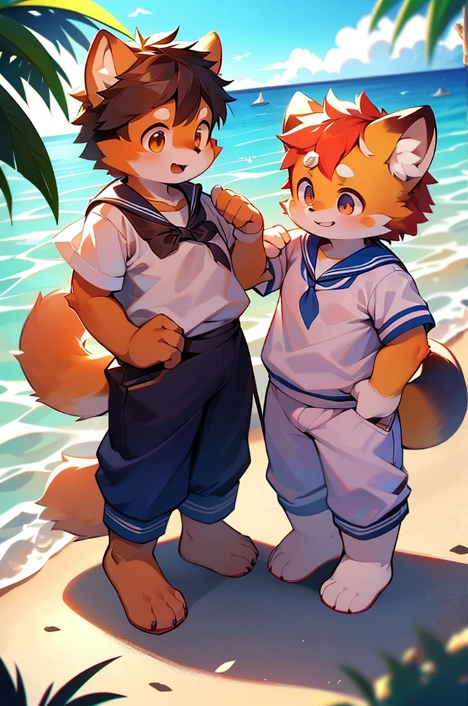 Red Panda Boy,Ocean,Sailor suit,Stand on your feet