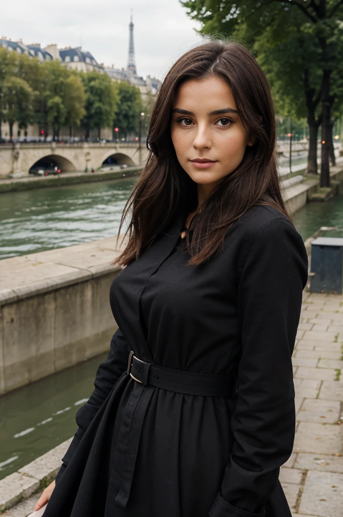 Jeune femme d’origine serbe brune de 25 ans, yeux noir, cheveux bruns ondulés, regard seduisant et excitant, look coquin et séduisant, charme, visage parfait, harmonieux et séduisant, robe courte élégante grise, sur les bords de Seine à Paris