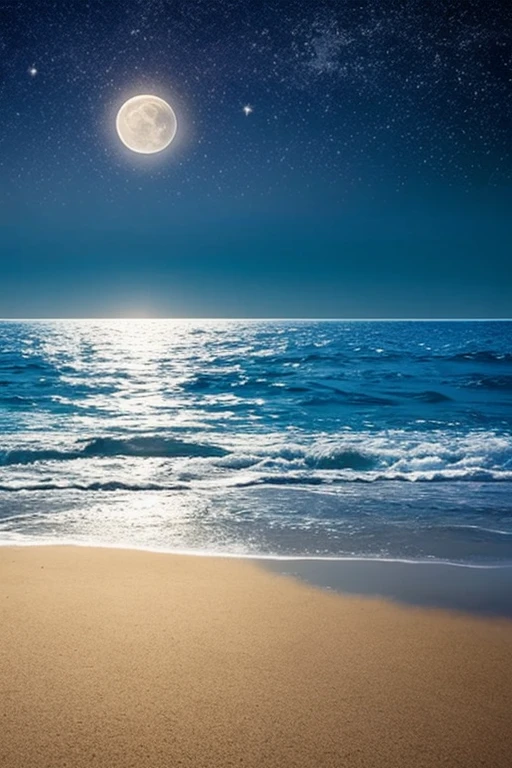 Draw a starry sky and a full moon on it, which is reflected in the sea