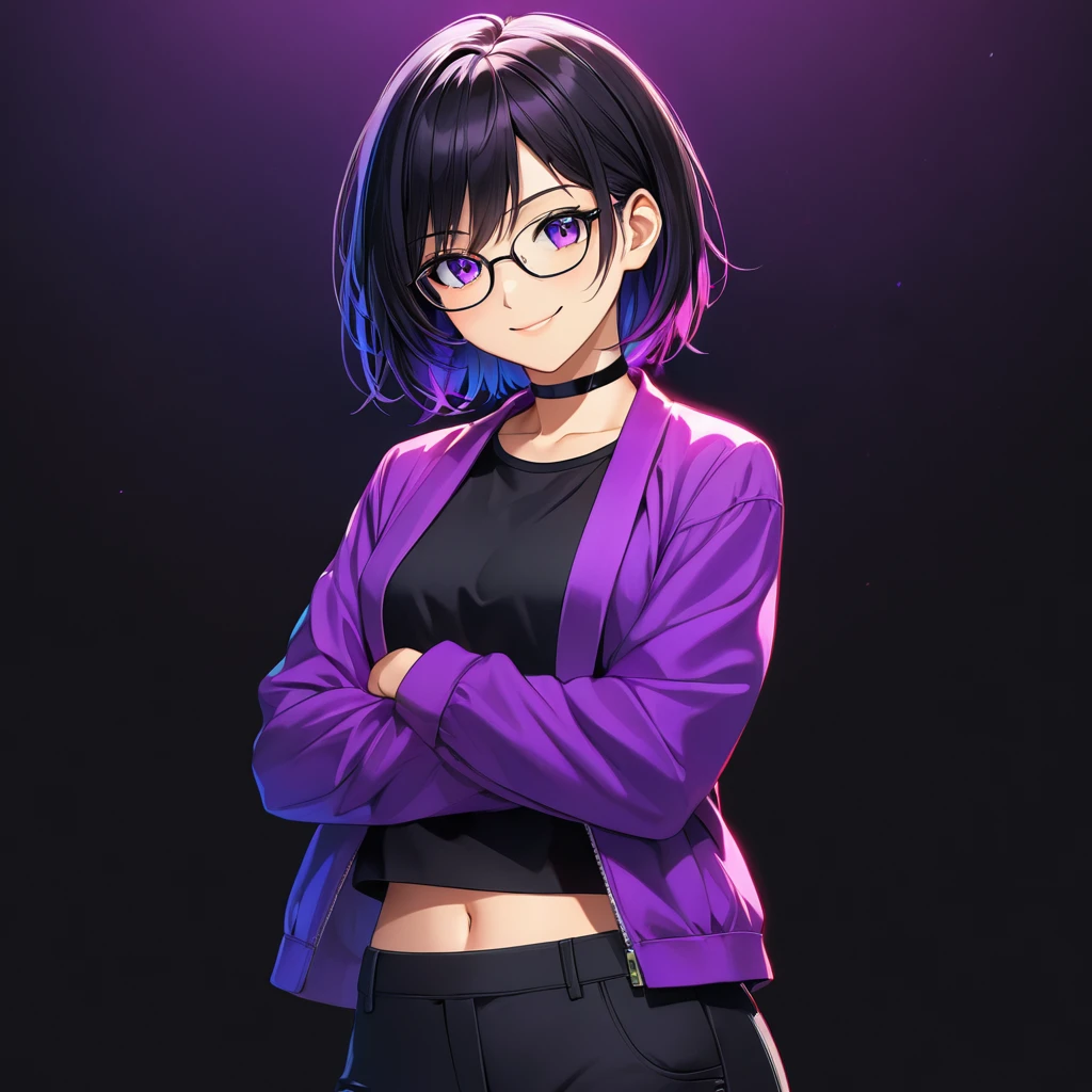 a tomboy girl with short black hair, purple pupils, wearing a black plain choker, a plain purple jacket, a black crop top, and long black pants, crossing her arms and smiling, wearing eyeglasses, against a black background, anime style, vivid colors, HDR, physically-based rendering, masterpiece