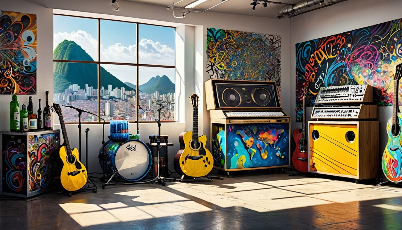 Masterpiece; Guitars and drums in a small science lab(((several science bottles around the room))); (guitars and musical keyboards inside science bottles) World map on the wall. sciencie complete with speakers and glass flasks of chemistry, embody the resilience and tenacity of the scientific community, infused with a bold graphic allure that enlivens the spirit of science. The design penetrates layers of depth, integrating the raw essence and vibrant cores of Rio de Janeiro culture. Brushstrokes that incorporate the fluid energy of graffiti on guitars and acoustic guitars weave around dynamic geometric shapes, adorning the laboratories with an evocative masterpiece that speaks to the heart of the intersection between two diverse worlds. Majestically rendered in high definition and vibrant color, every detail bursts with life, inviting viewers to marvel at the beauty that; by Salvador Dali