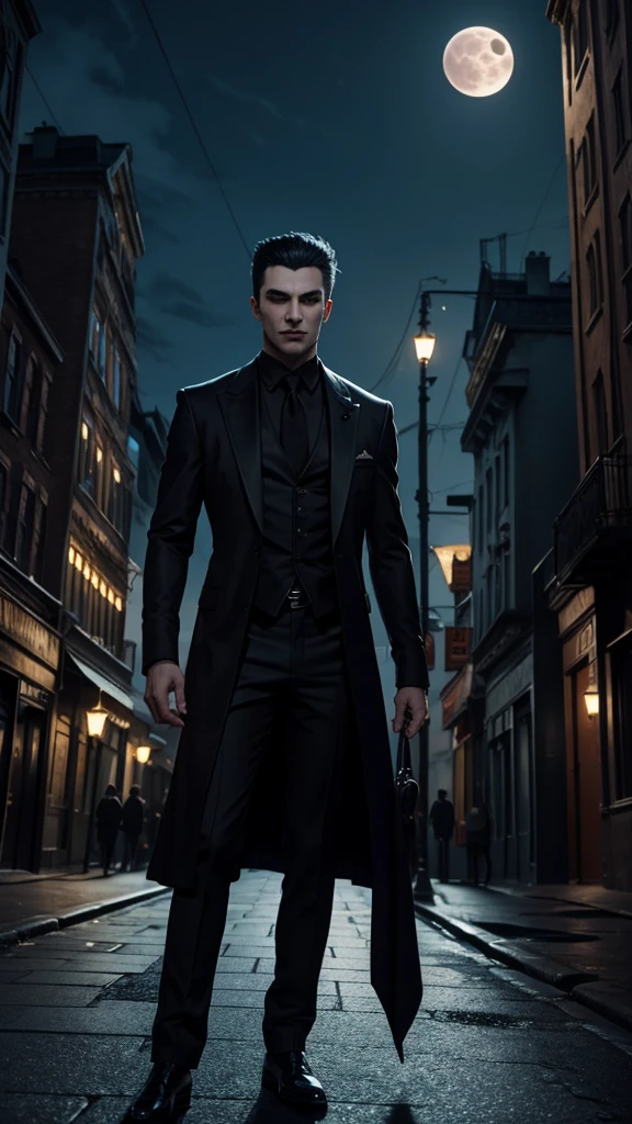 A male vampire stands in a city at night with a beautiful moon.