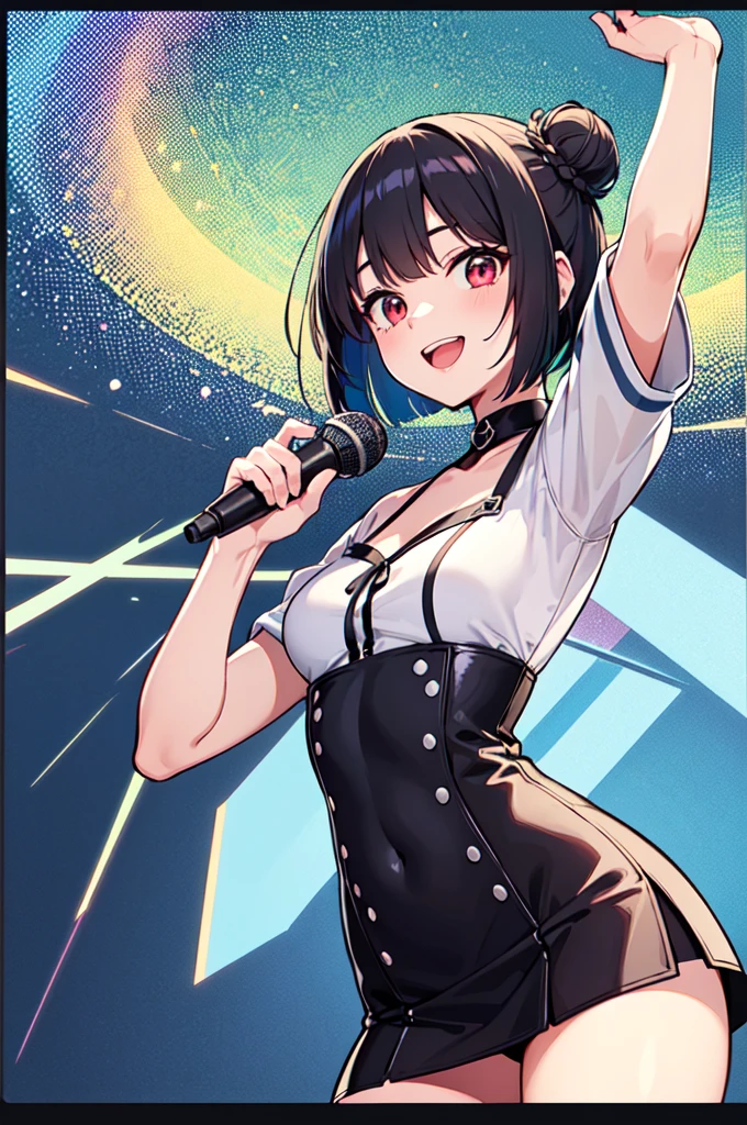 Cute s、is wearing idol costume、Her anime illustration face in soft color palette style、animated gif、Hand-drawn animation、charming sketches、Smooth and shiny background - AR 1:1 - Rainbow 5 - Expressive in style - S 50(Best Quality, masutepiece, Raw photo,Ultra-detailed:1.2),Black hair,Blue Inner Color Bob,Red Eyes,Top image quality,8k,A smile,straight haired, The head is near the center of the screen,frontage,a cute ,from the front side,1 girl in,Wide Angle,Hair is tied in a bun on one side,Short hair,float in the background,a miniskirt,Kamimei,View from above,The upper part of the body, Hold the microphone and sing