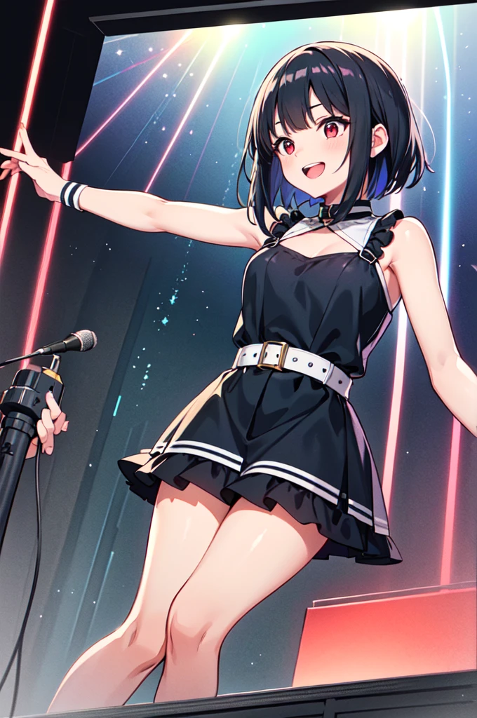 Cute s、is wearing idol costume、Her anime illustration face in soft color palette style、animated gif、Hand-drawn animation、charming sketches、Smooth and shiny background - AR 1:1 - Rainbow 5 - Expressive in style - S 50(Best Quality, masutepiece, Raw photo,Ultra-detailed:1.2),Black hair,Blue Inner Color Bob,Red Eyes,Top image quality,8k,A smile,straight haired, The head is near the center of the screen,frontage,a cute ,from the front side,1 girl in,Wide Angle,Hair is tied in a bun on one side,Short hair,float in the background,a miniskirt,Kamimei,View from above,The upper part of the body, Hold the microphone and sing
